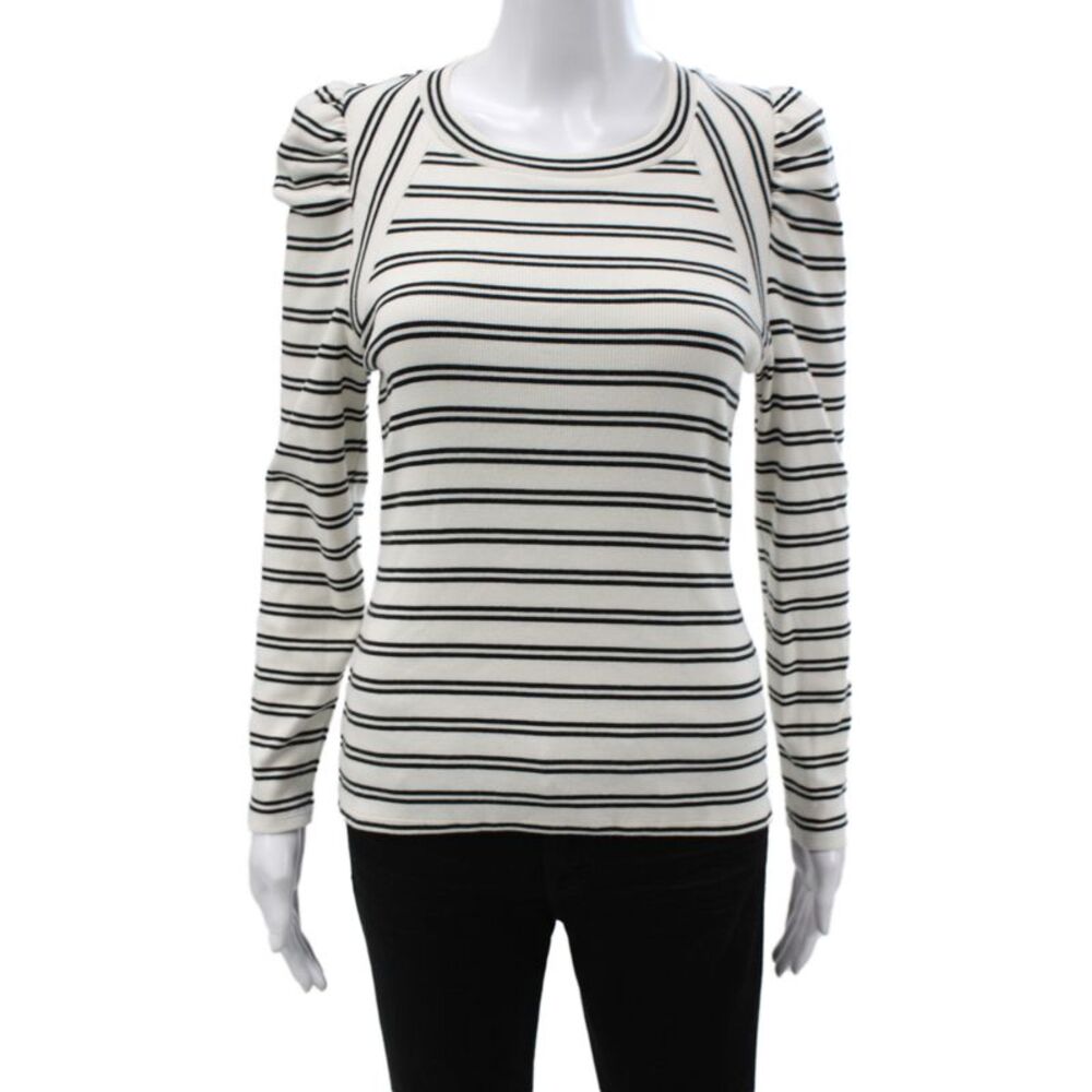 Veronica Beard Women White Striped Long Sleeve Crew Neck Jersey T-Shirt Size S